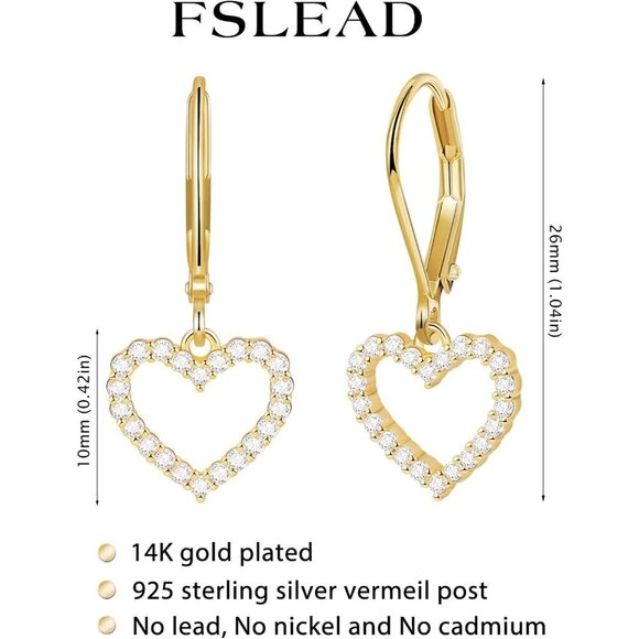 14K Dainty Gold-CZ Heart Leverback Dangle Drop Hypoallergenic Earring for Women - Picture 6 of 7